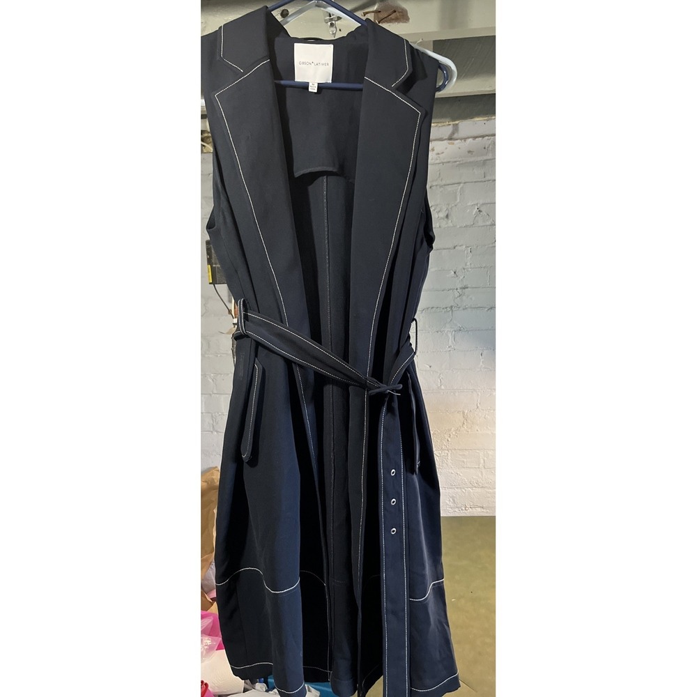 Gibson Latimer Navy Blue Contrast Stitch Sleeveless Trench Vest Tie Waist Medium